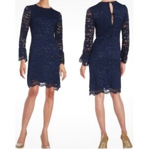 Betsey Johnson Navy Blue Floral Lace Bell Sleeve Dress Keyhole Back Women's 10